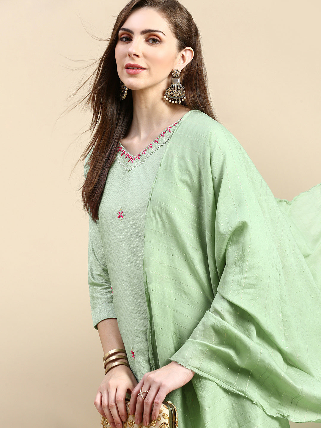 Women Woven Design Sea Green Straight Kurta Set with Dupatta