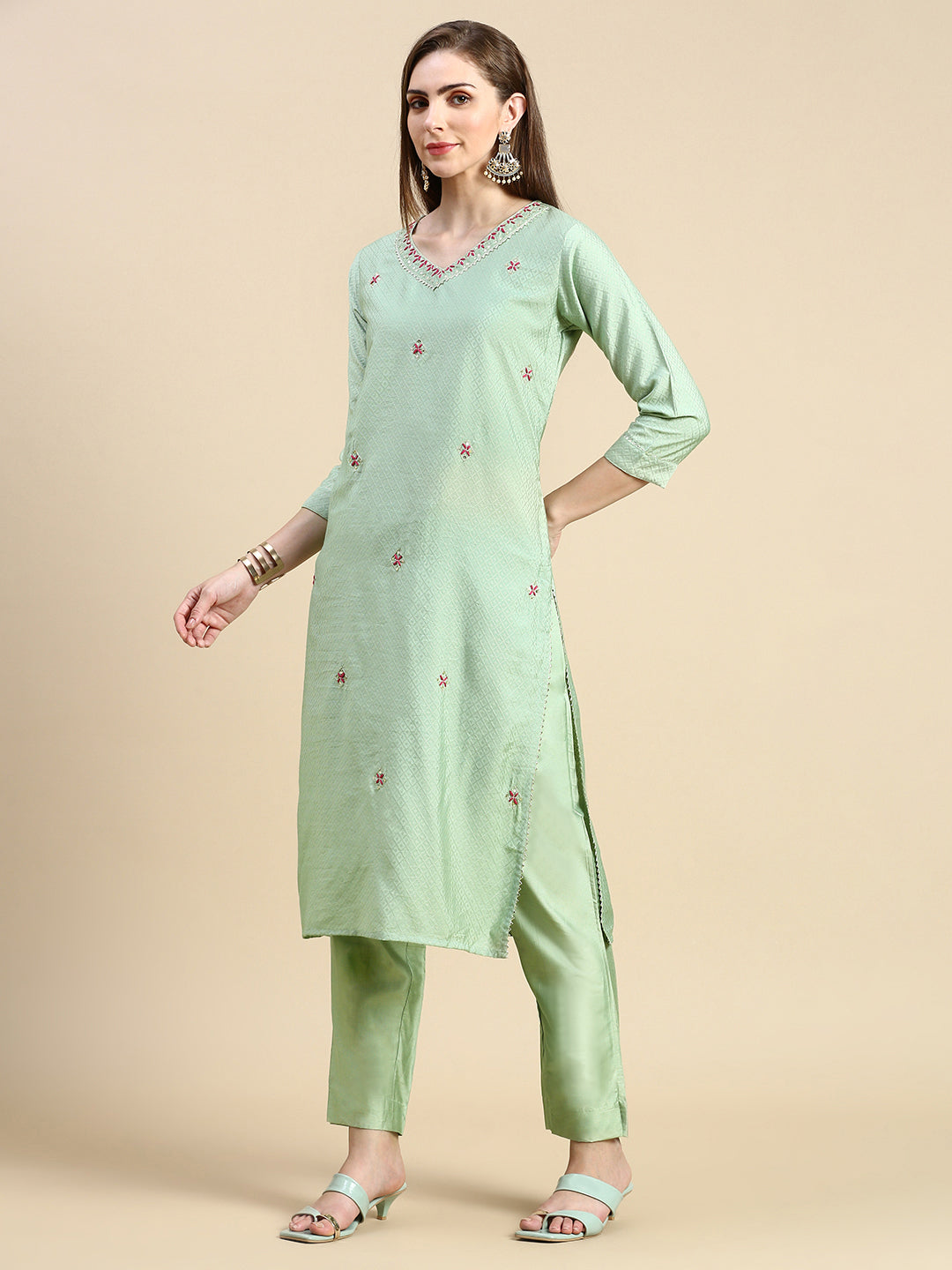 Women Woven Design Sea Green Straight Kurta Set with Dupatta