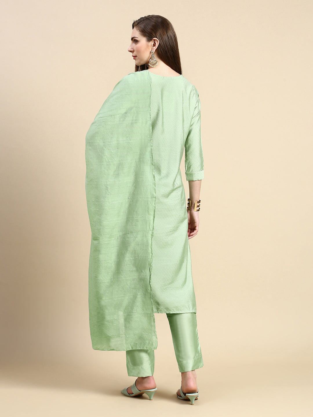 Women Woven Design Sea Green Straight Kurta Set with Dupatta