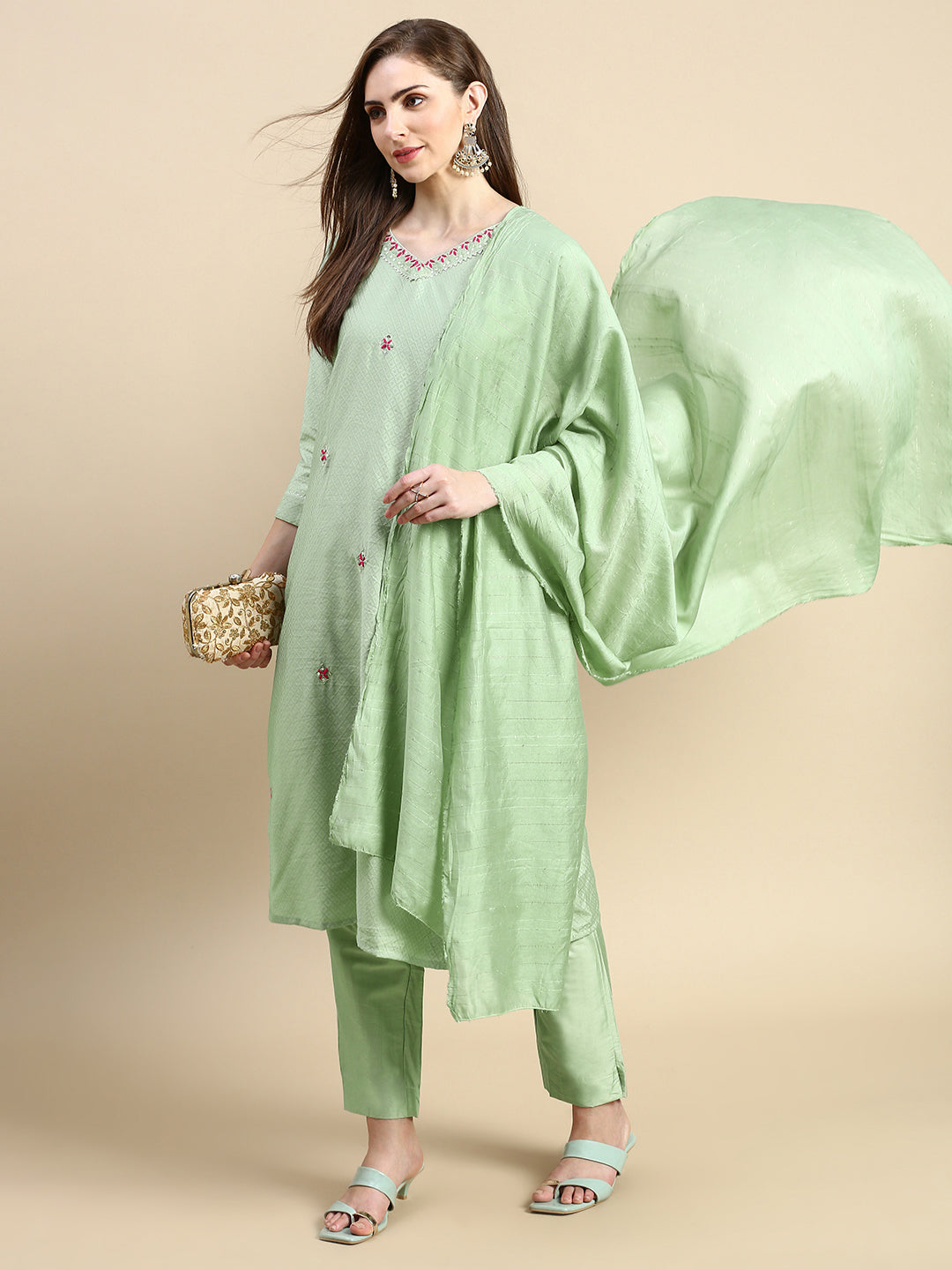 Women Woven Design Sea Green Straight Kurta Set with Dupatta
