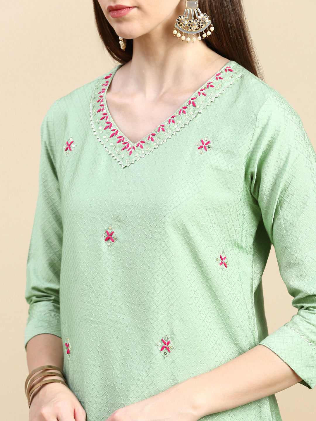 Women Woven Design Sea Green Straight Kurta Set with Dupatta