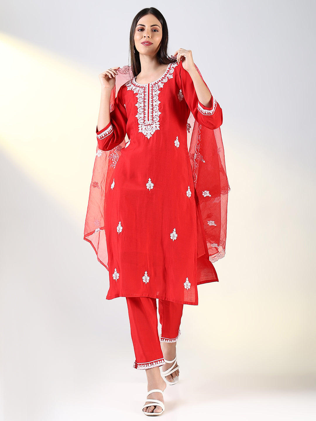 Women Red Floral Straight Kurta Set with Dupatta