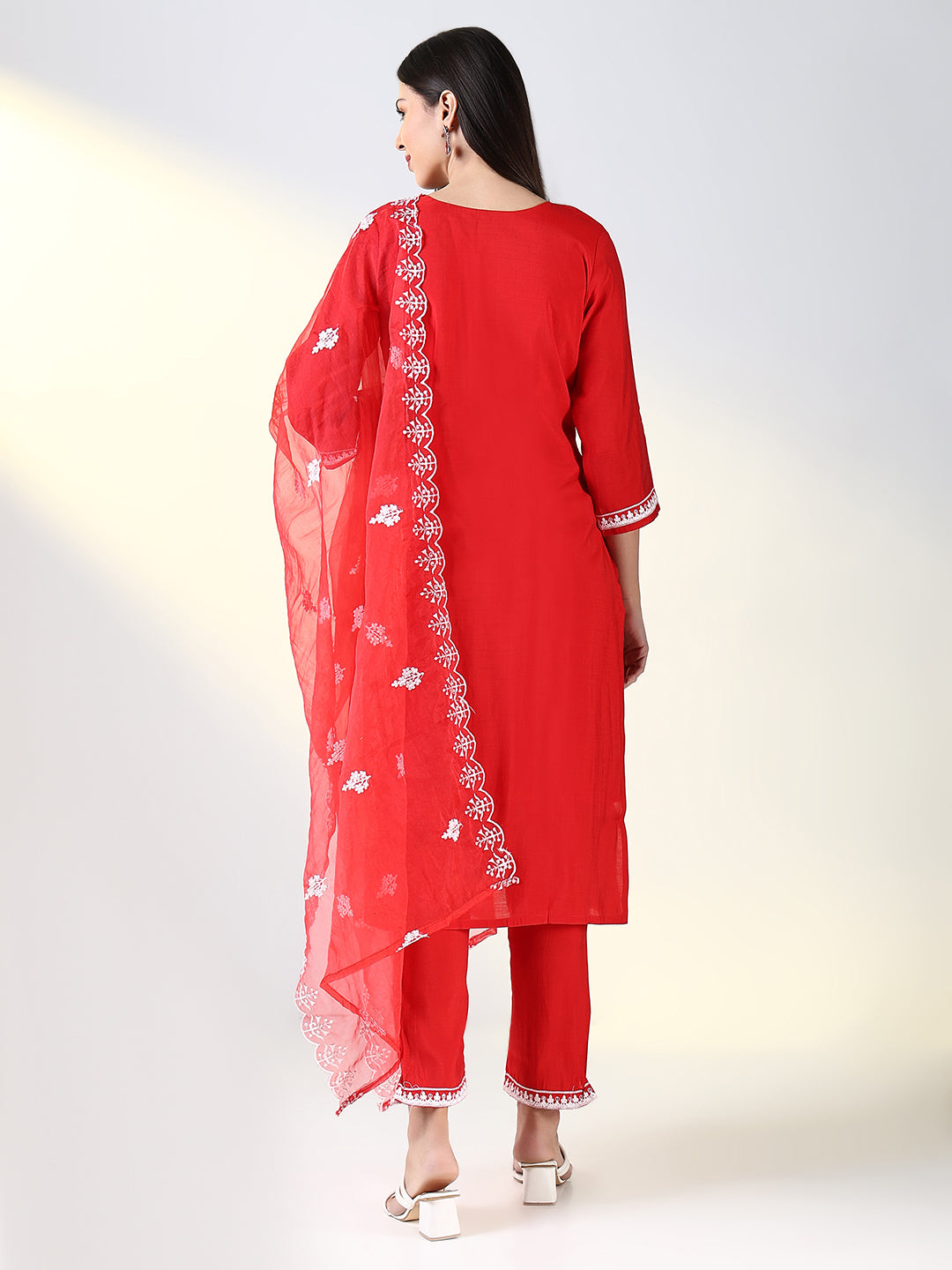 Women Red Floral Straight Kurta Set with Dupatta