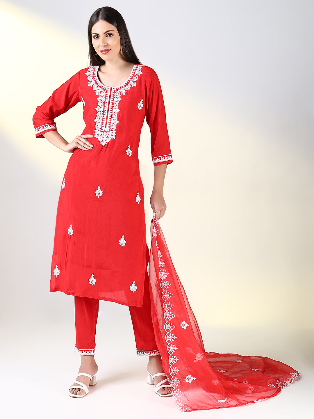 Women Red Floral Straight Kurta Set with Dupatta