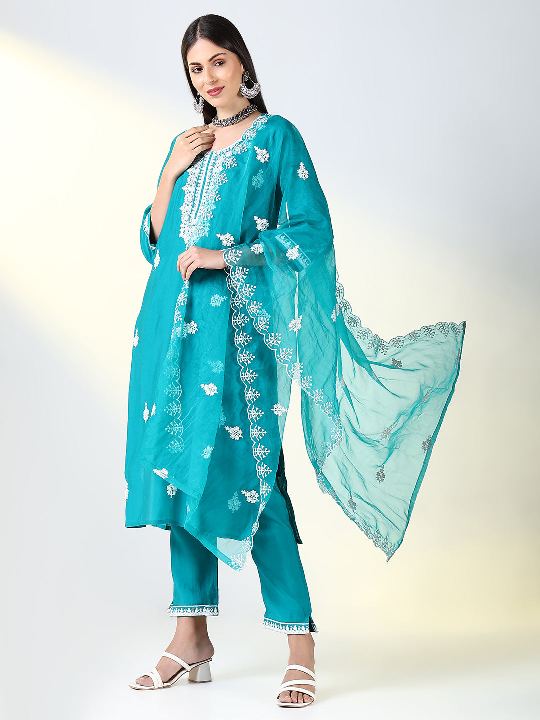 Women Teal Floral Straight Kurta Set with Dupatta