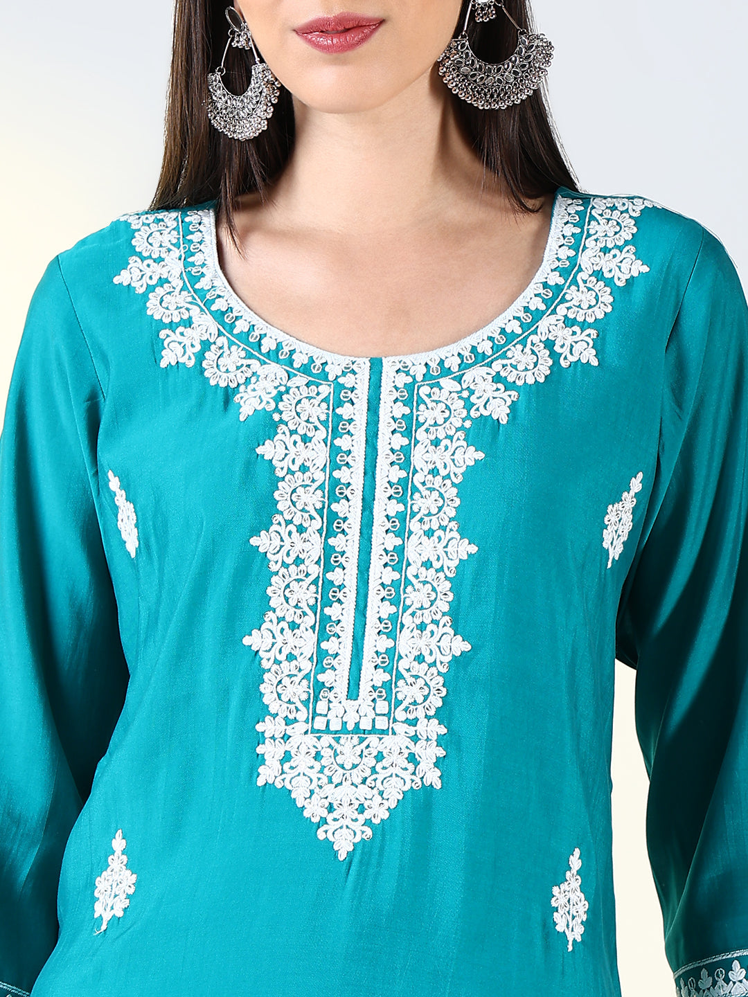 Women Teal Floral Straight Kurta Set with Dupatta