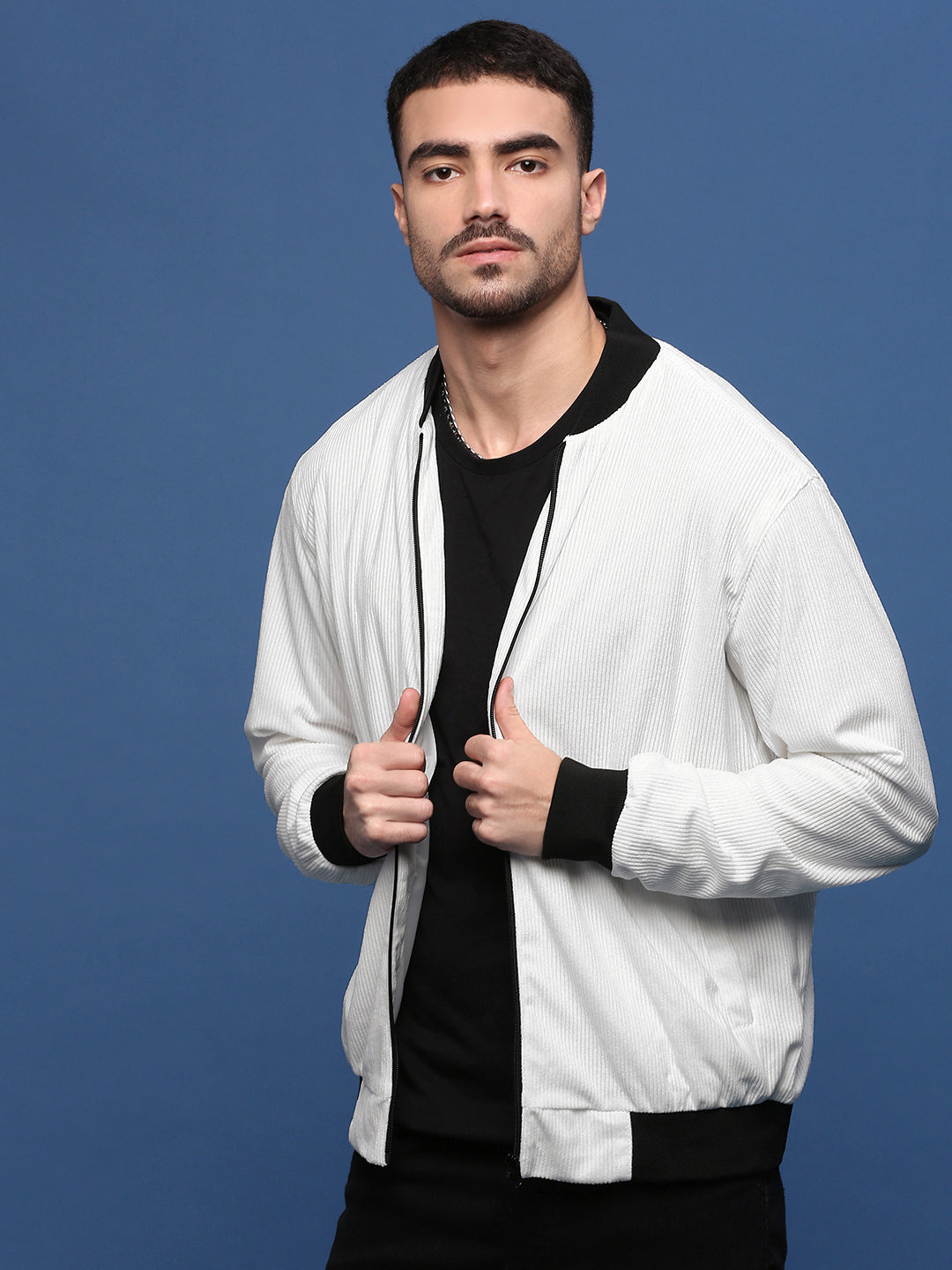 Men Solid White Bomber Jacket