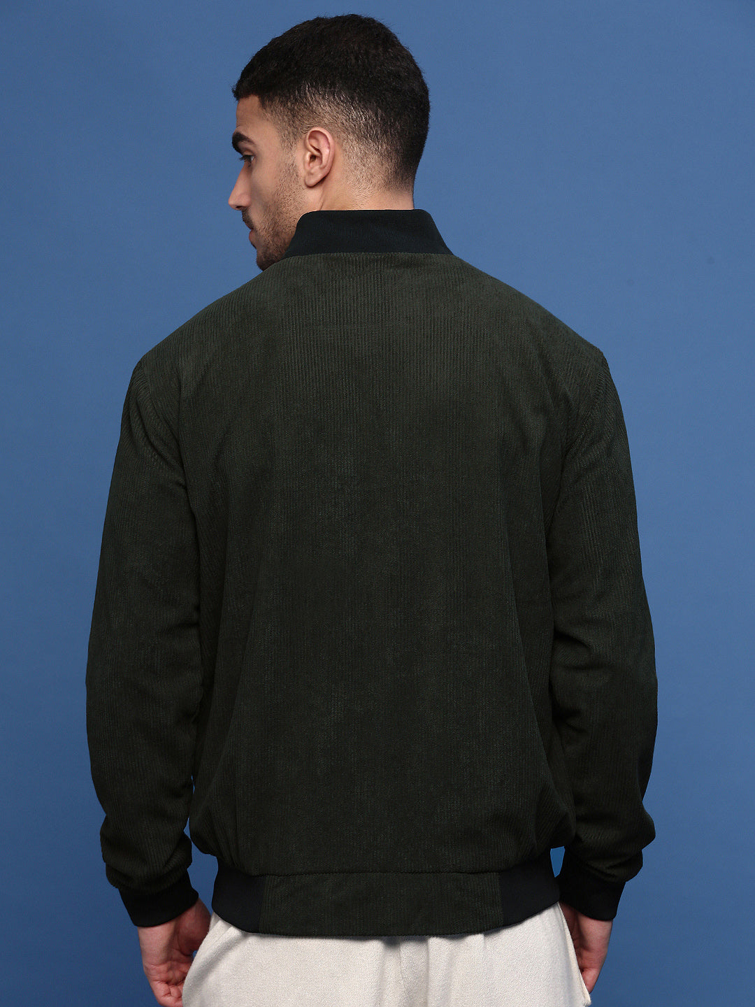 Men Solid Olive Bomber Jacket