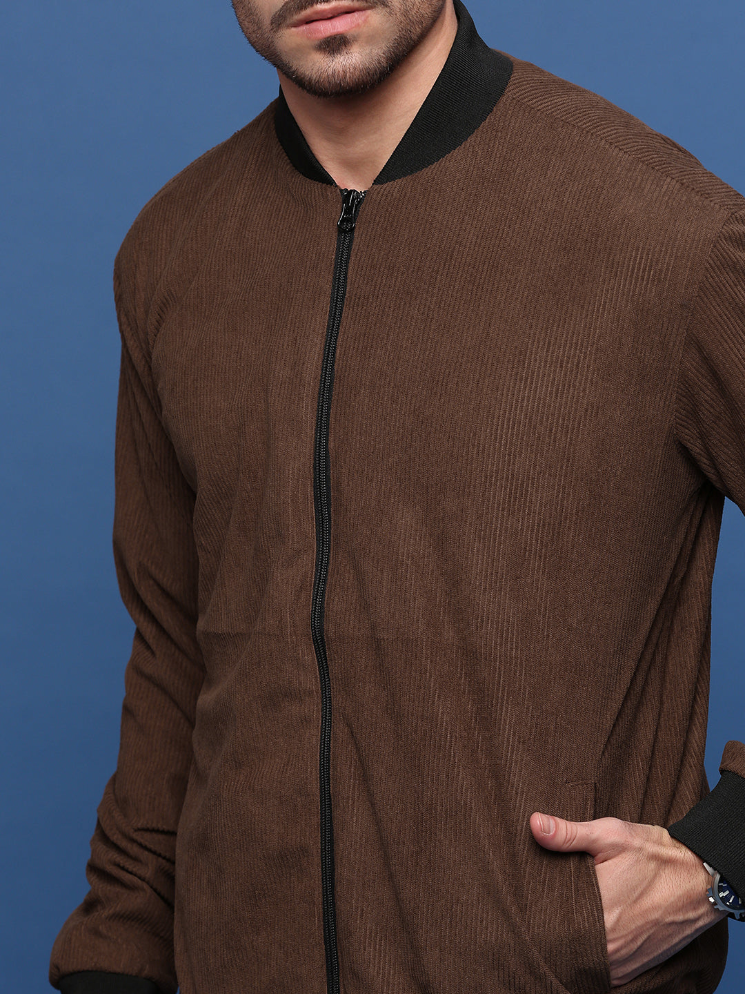 Men Solid Brown Bomber Jacket