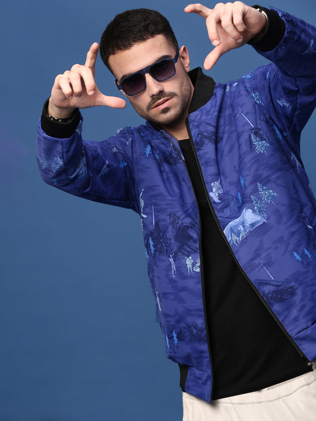 Men Graphic Blue Bomber Jacket