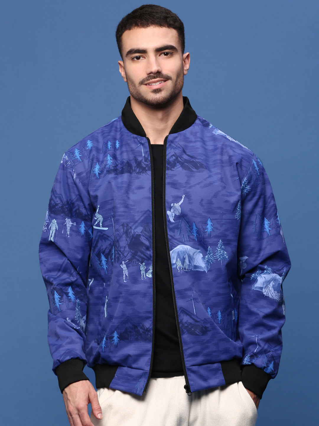 Men Graphic Blue Bomber Jacket