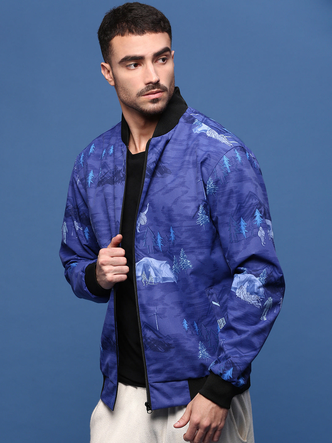 Men Graphic Blue Bomber Jacket