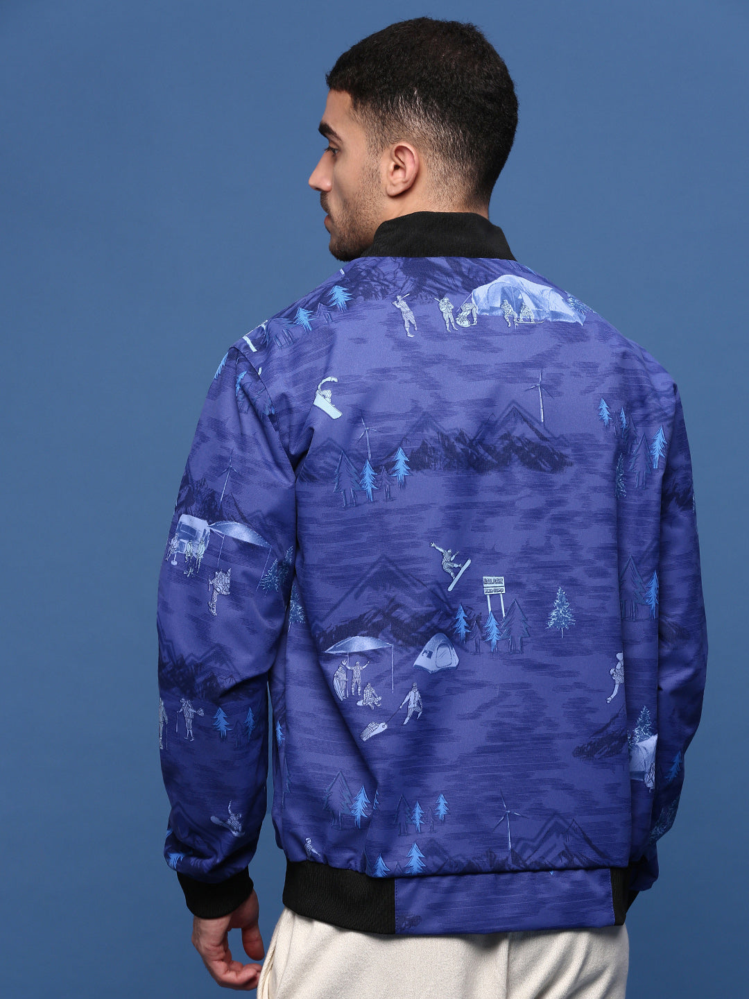 Men Graphic Blue Bomber Jacket