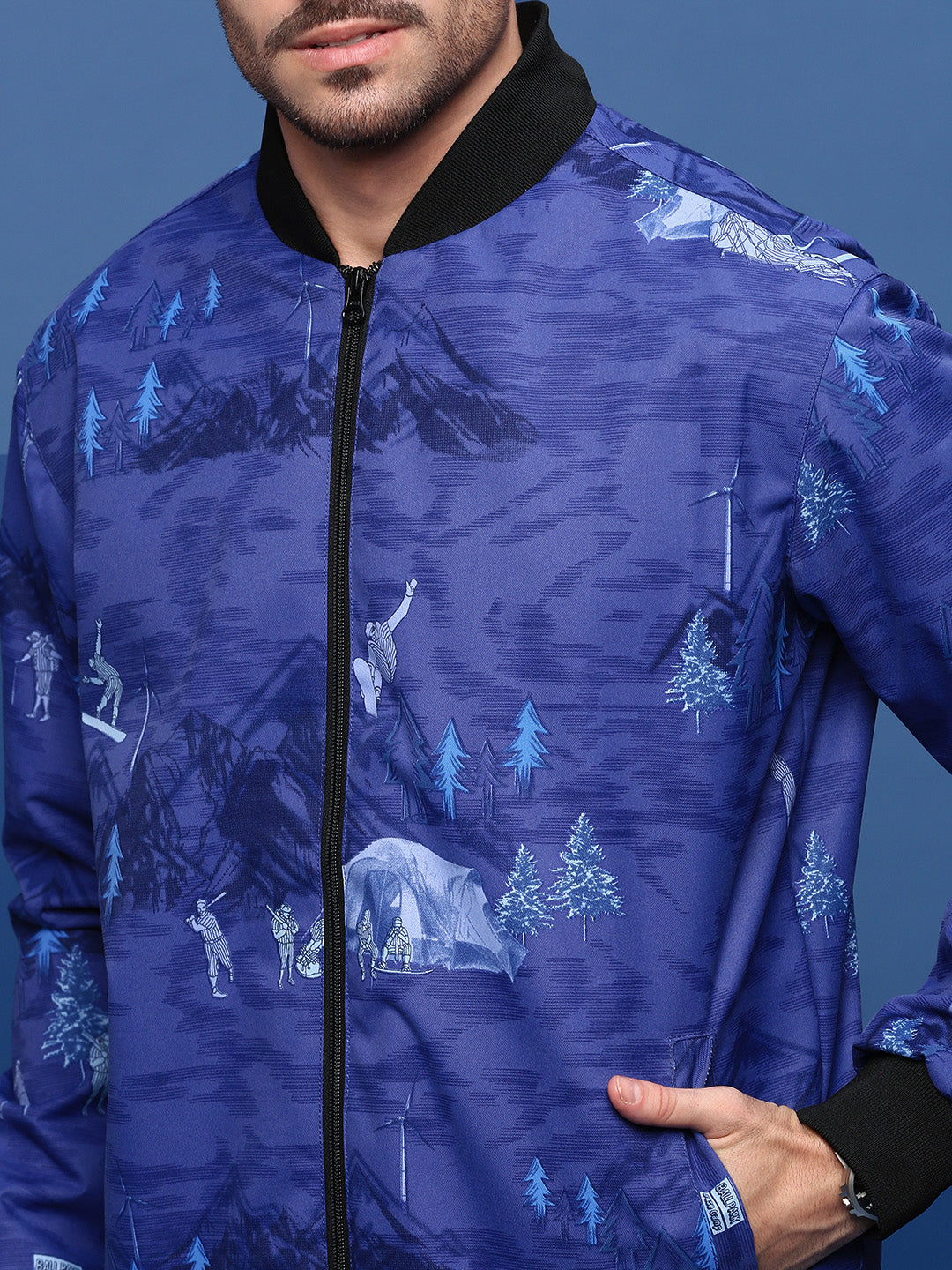 Men Graphic Blue Bomber Jacket