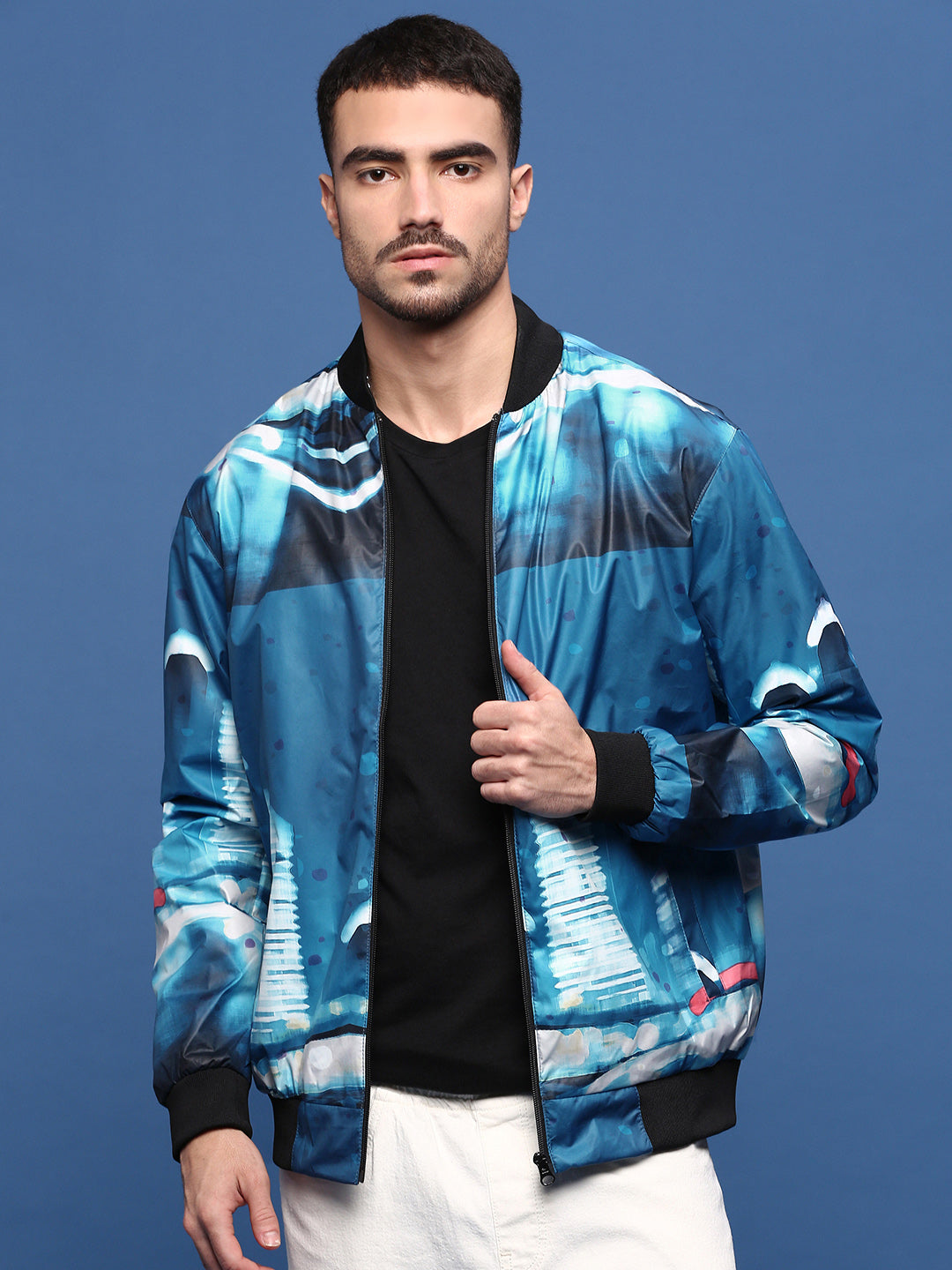 Men Abstract Blue Bomber Jacket