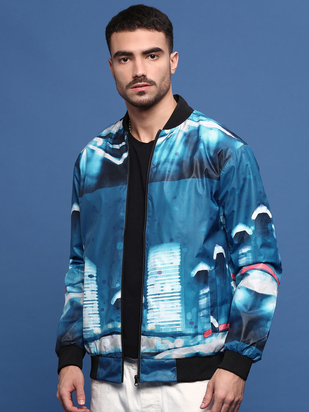 Men Abstract Blue Bomber Jacket