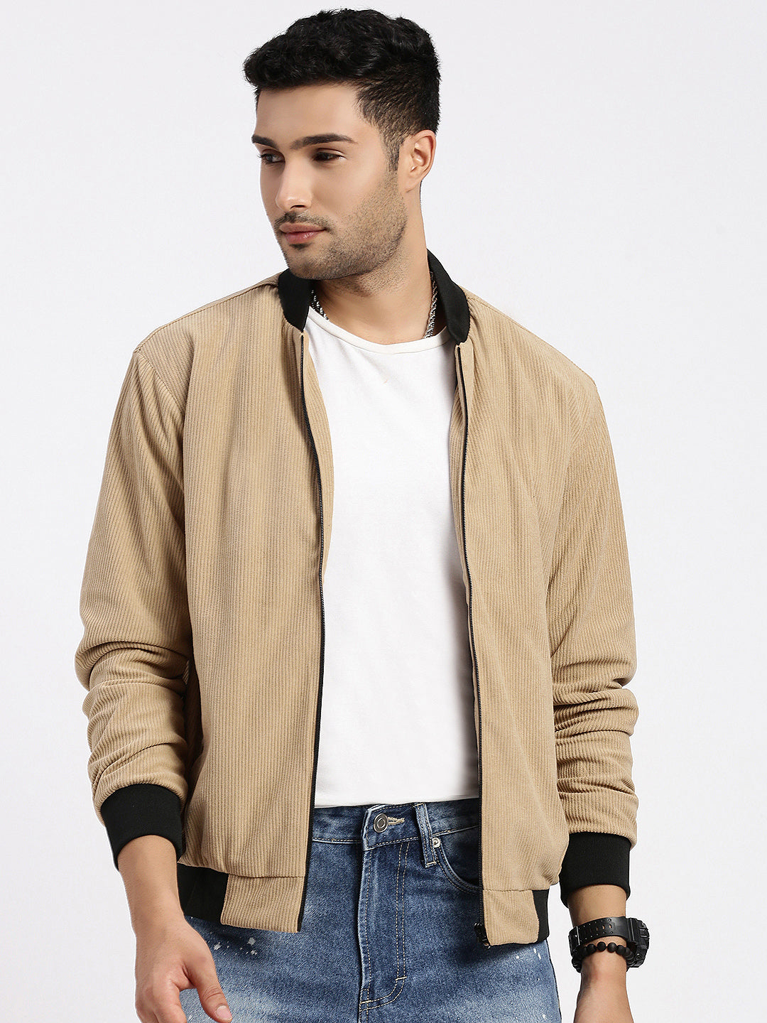 Men Solid Camel Brown Bomber Jacket