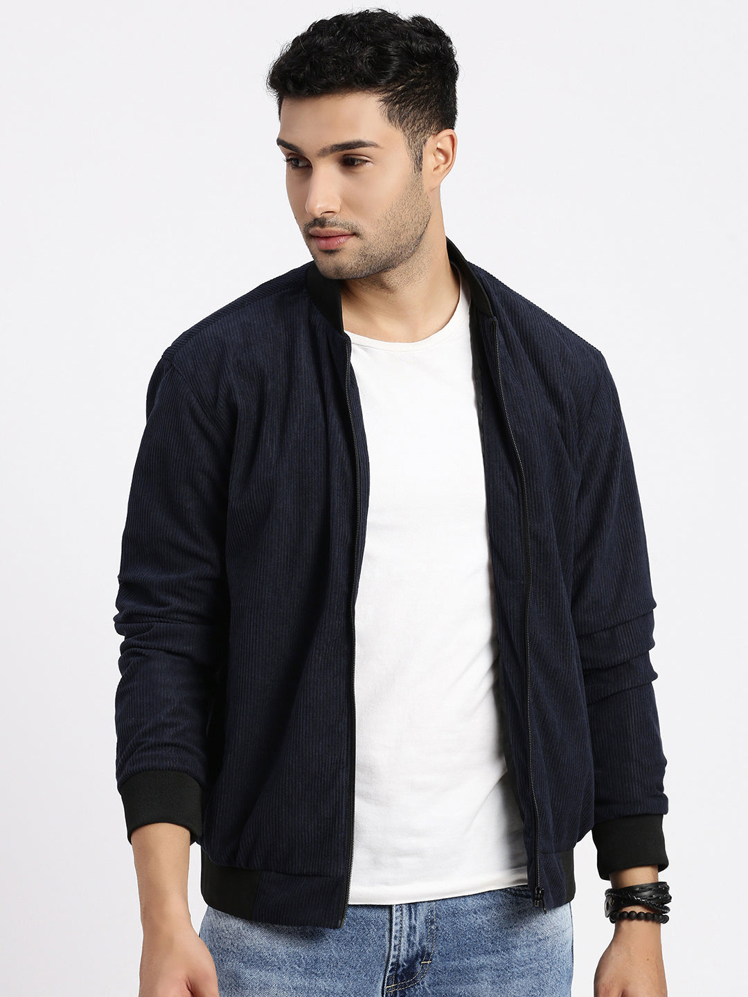 Men Solid Navy Blue Bomber Jacket