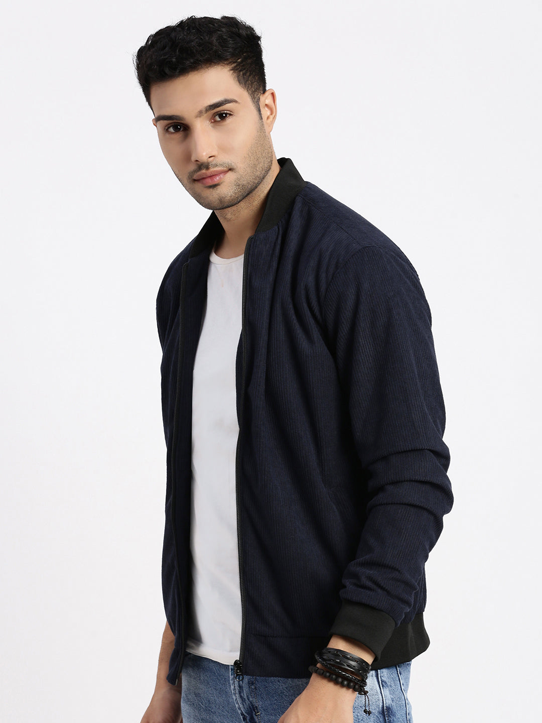 Men Solid Navy Blue Bomber Jacket