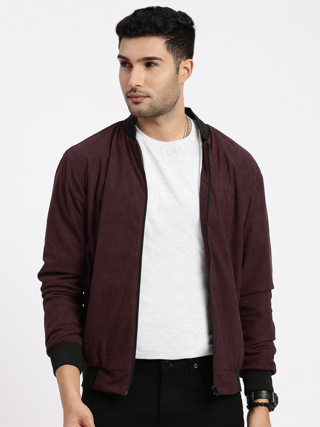 Men Solid Burgundy Bomber Jacket