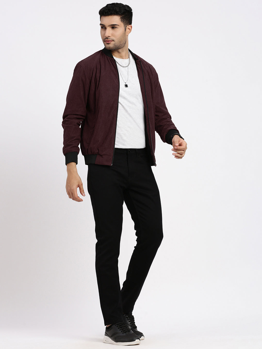 Men Solid Burgundy Bomber Jacket