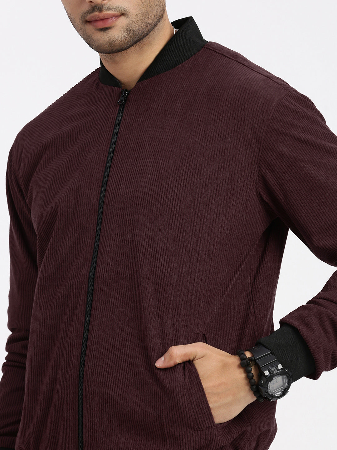 Men Solid Burgundy Bomber Jacket