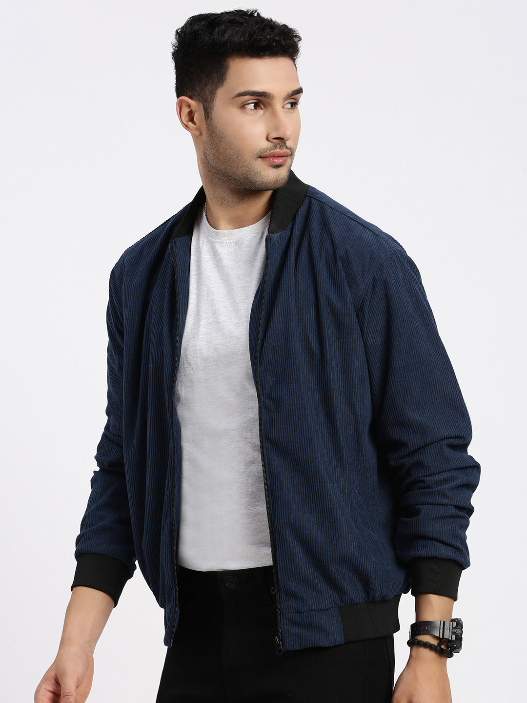 Men Solid Navy Blue Bomber Jacket