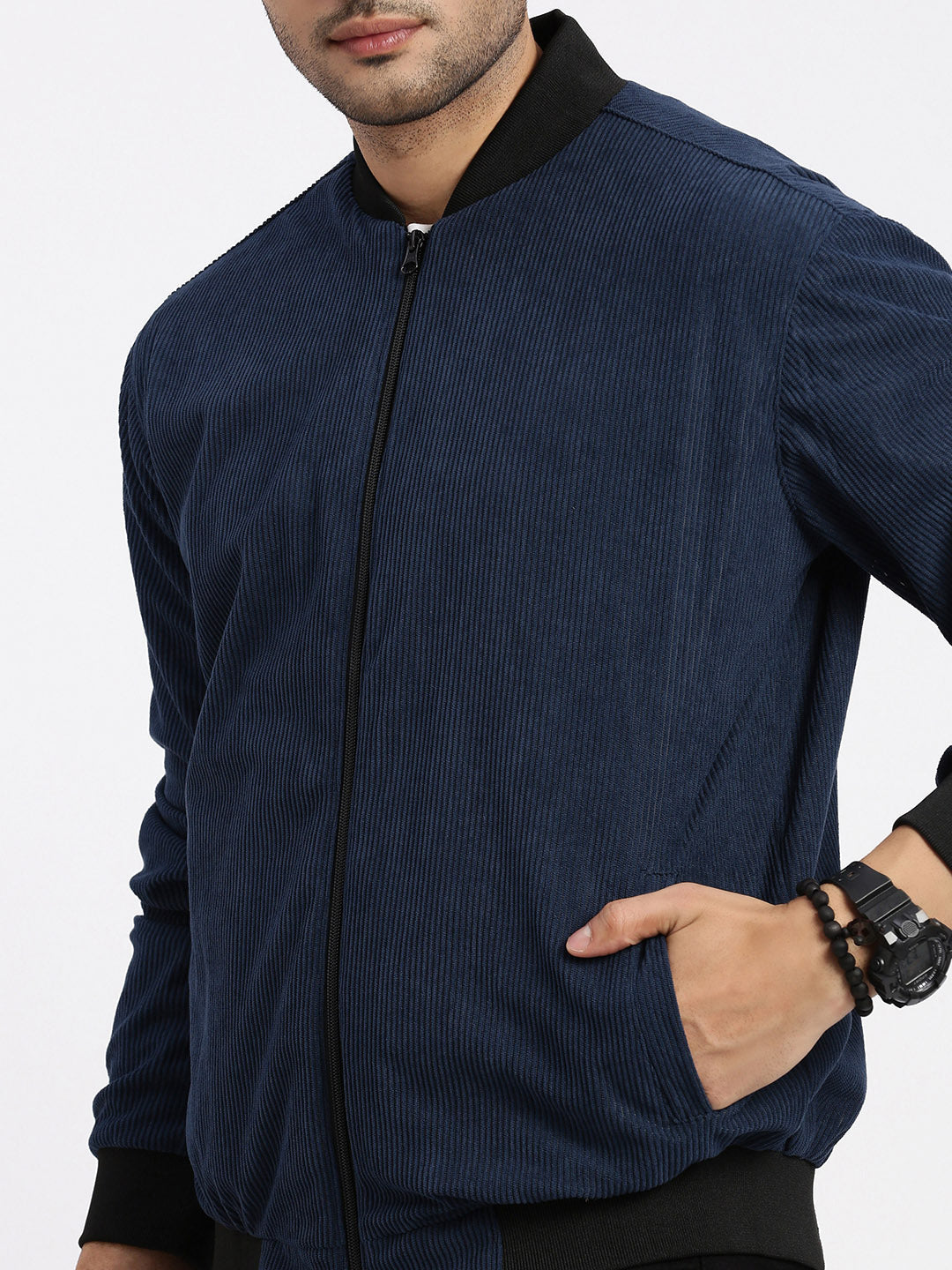 Men Solid Navy Blue Bomber Jacket