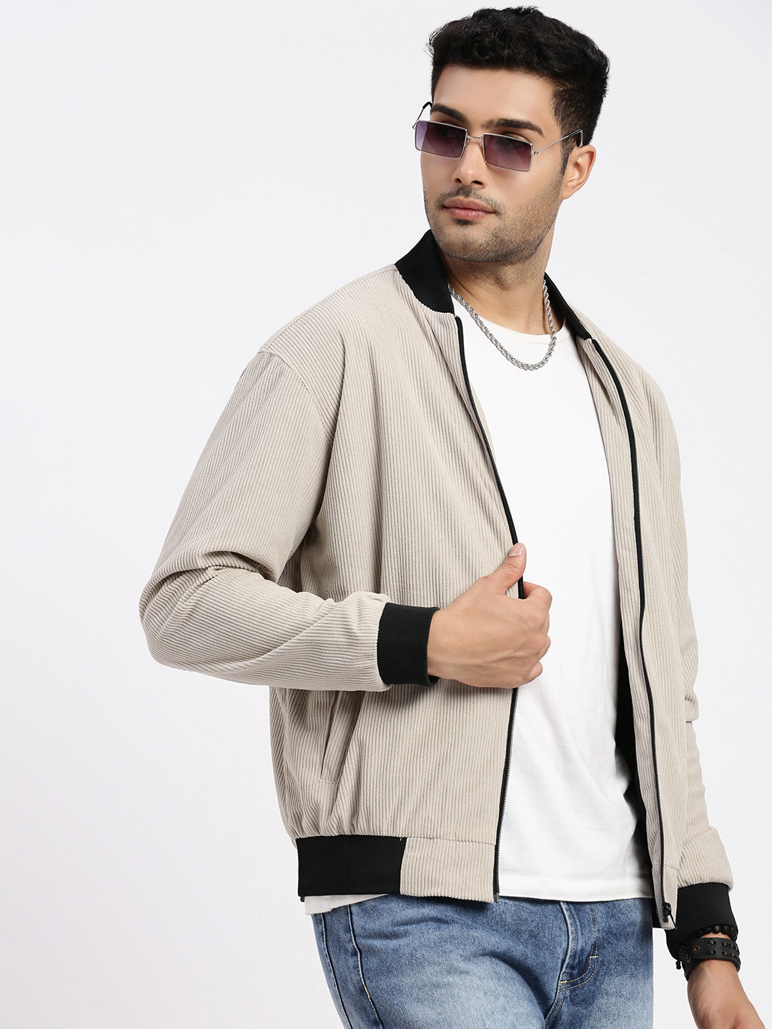 Men Solid Beige Bomber Jacket