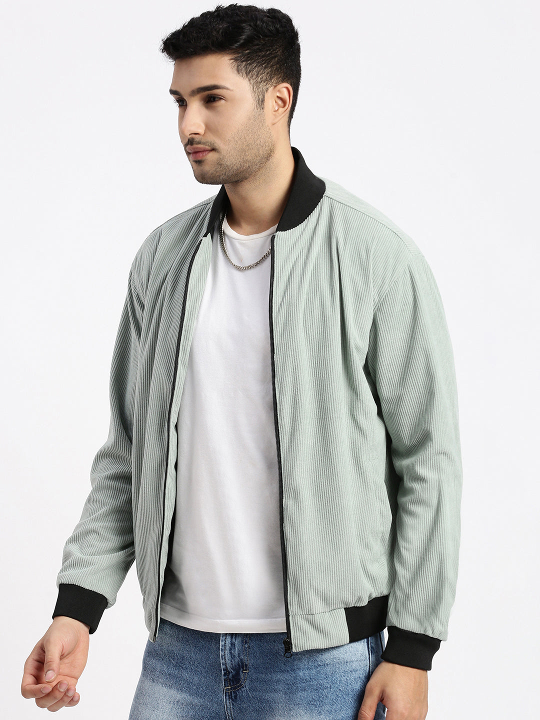 Men Solid Sea Green Bomber Jacket