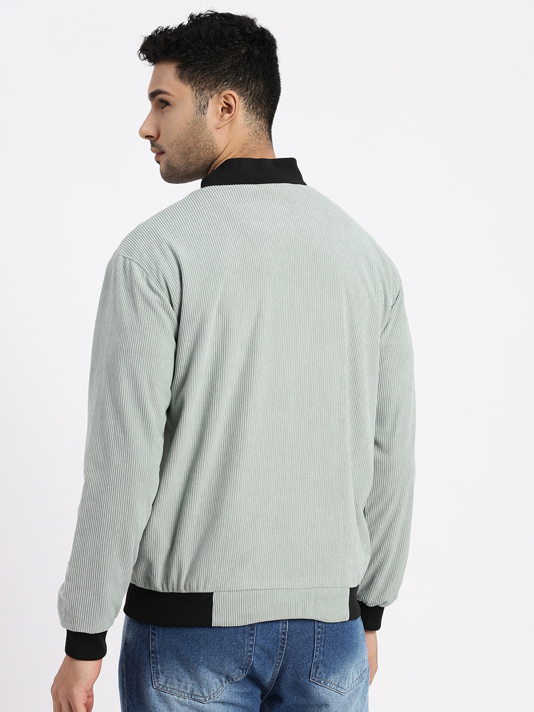 Men Solid Sea Green Bomber Jacket