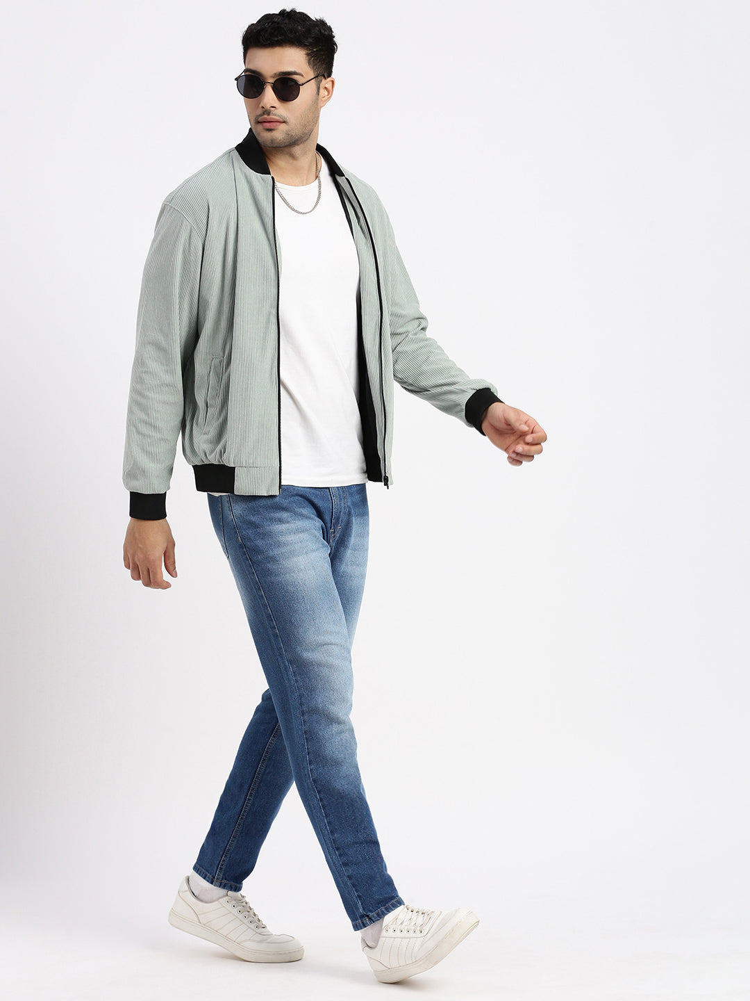 Men Solid Sea Green Bomber Jacket