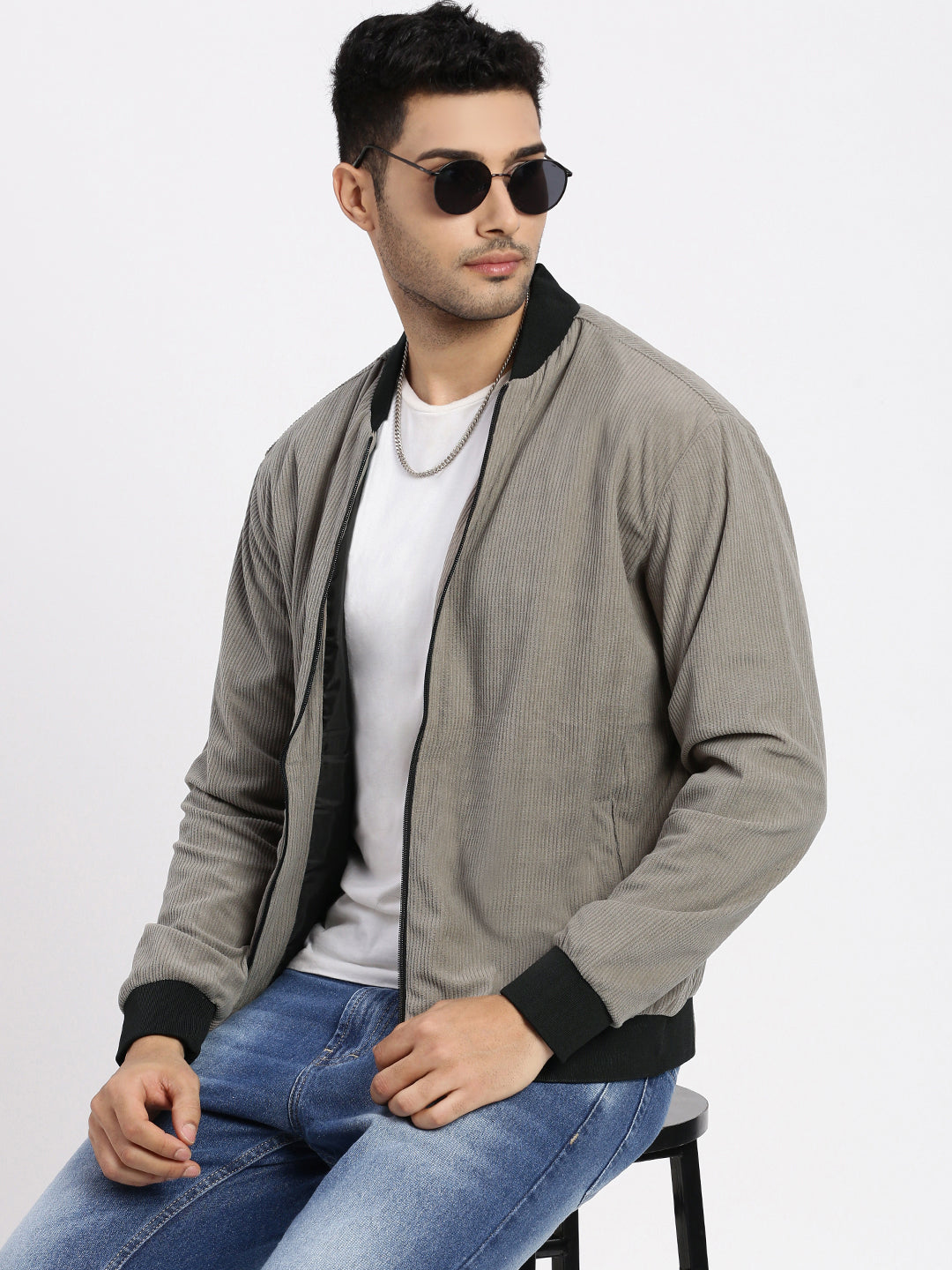 Men Solid Grey Bomber Jacket