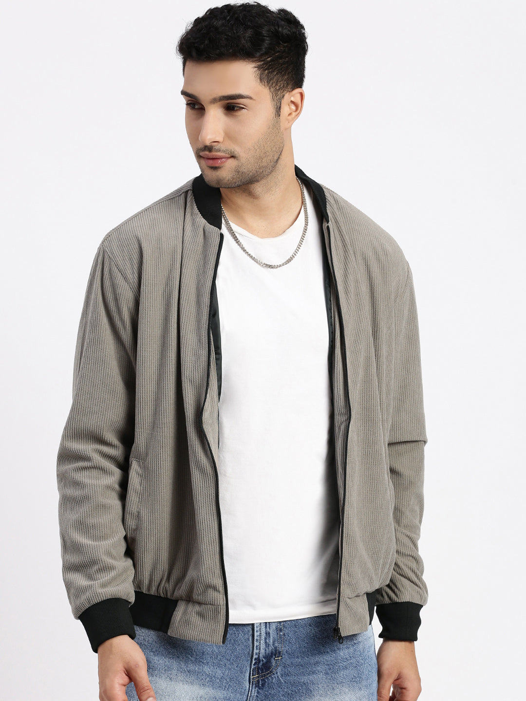 Men Solid Grey Bomber Jacket