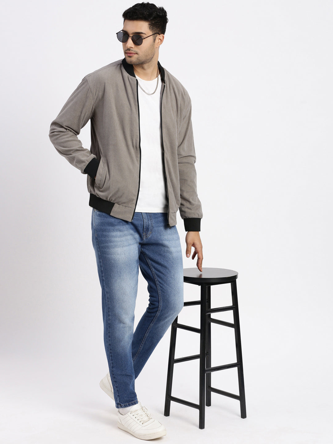 Men Solid Grey Bomber Jacket