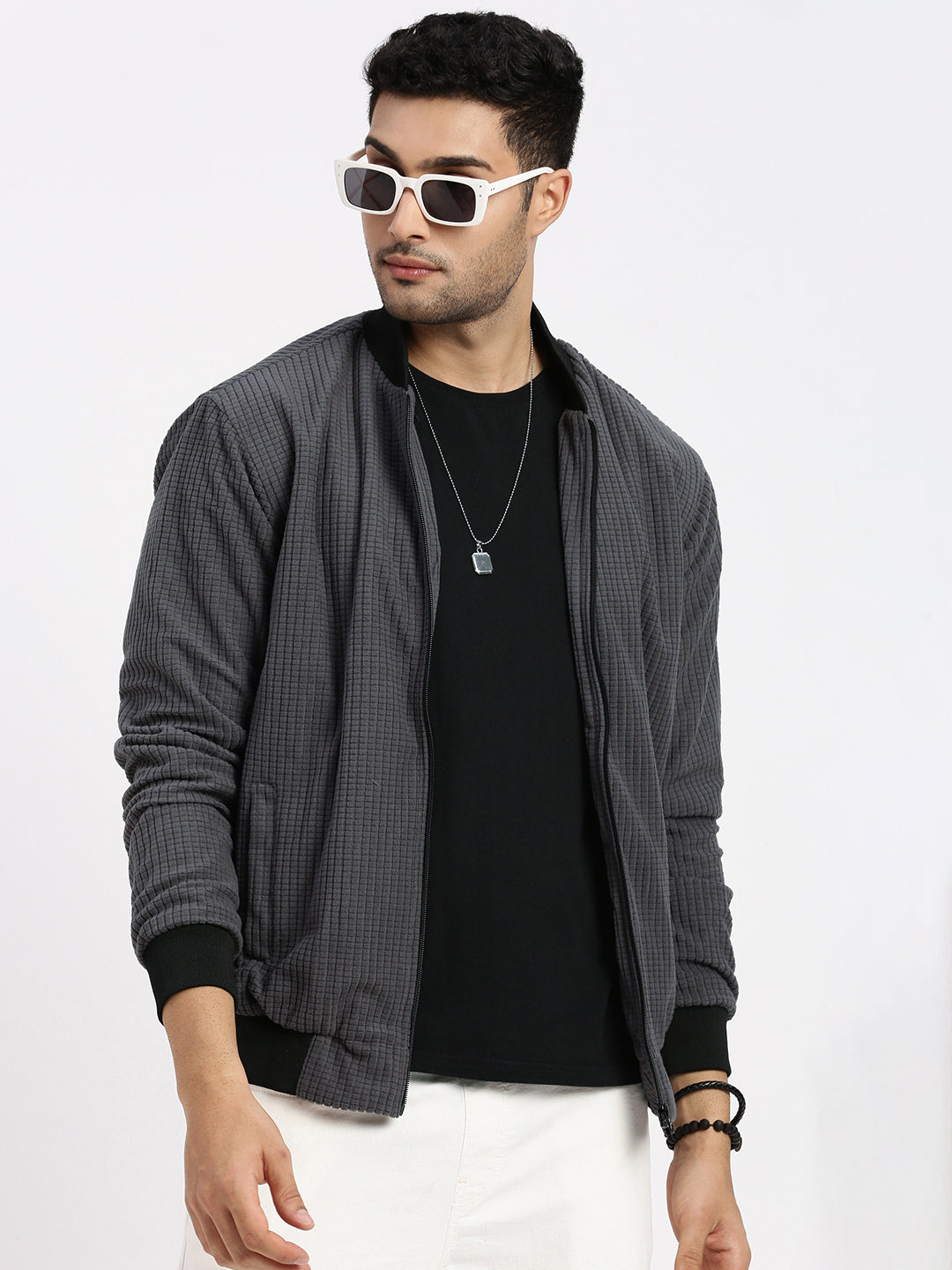 Men Charcoal Solid Bomber Jacket