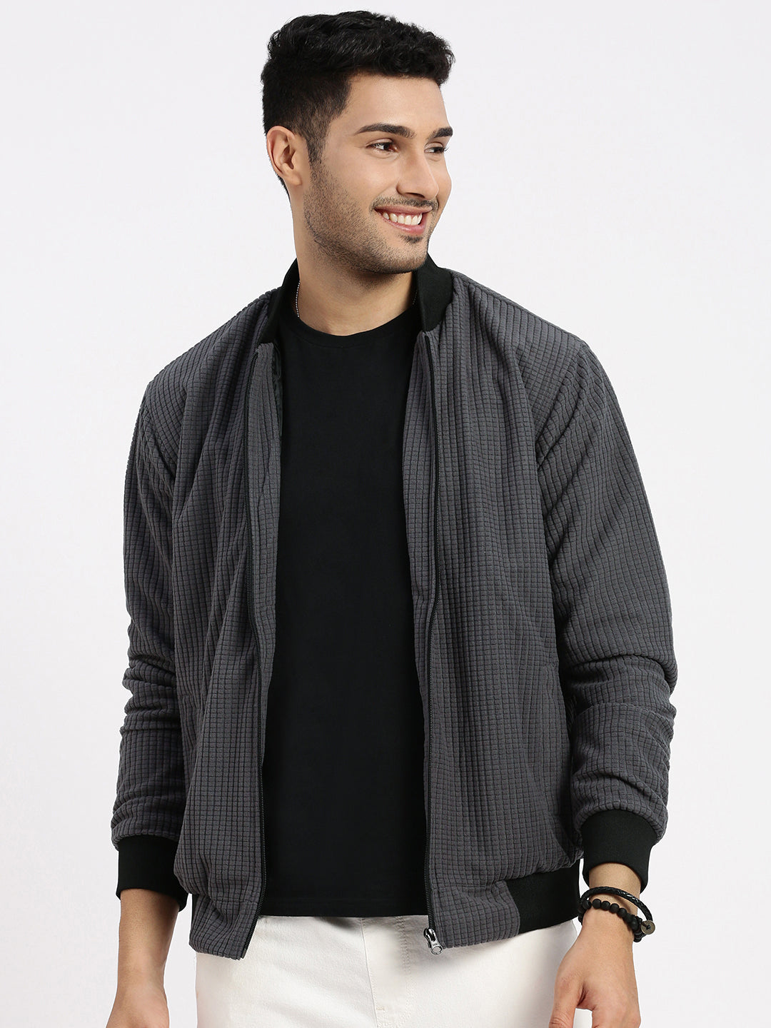 Men Charcoal Solid Bomber Jacket