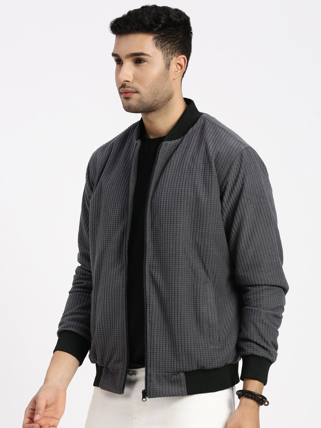 Men Charcoal Solid Bomber Jacket