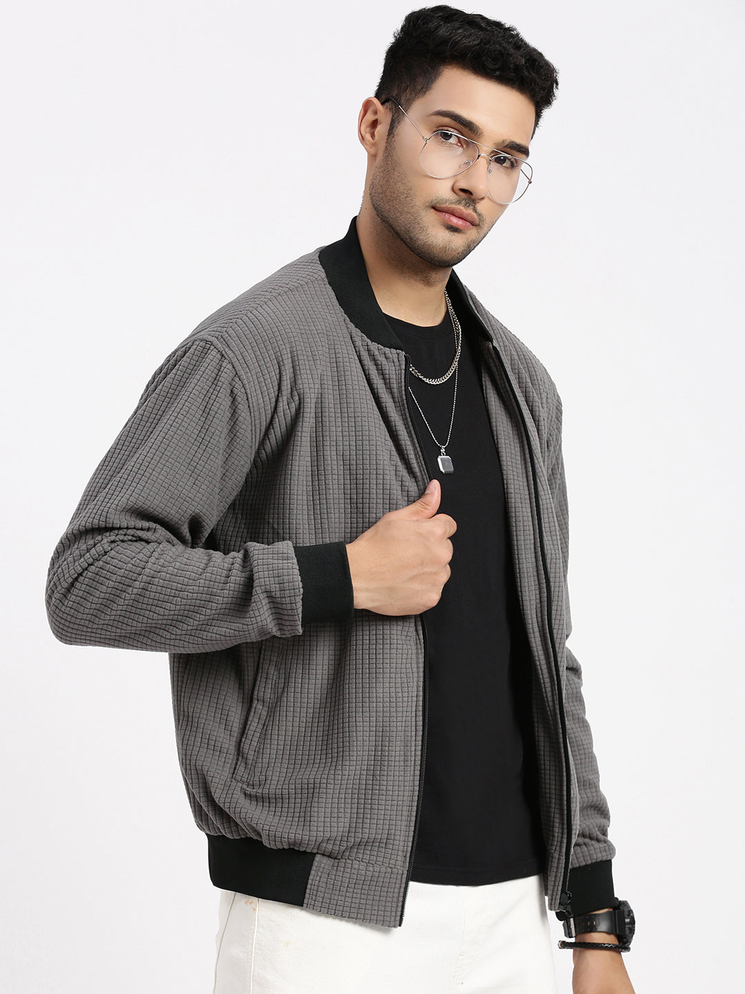 Men Grey Solid Bomber Jacket