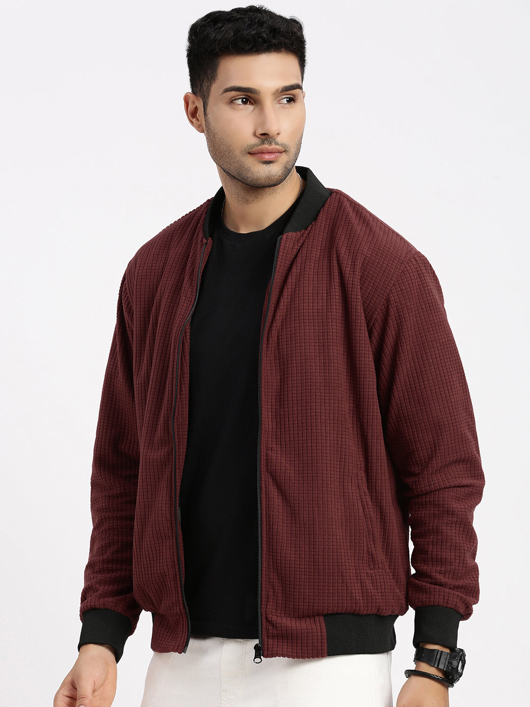 Men Maroon Solid Bomber Jacket