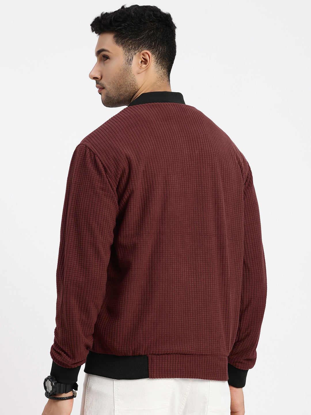 Men Maroon Solid Bomber Jacket