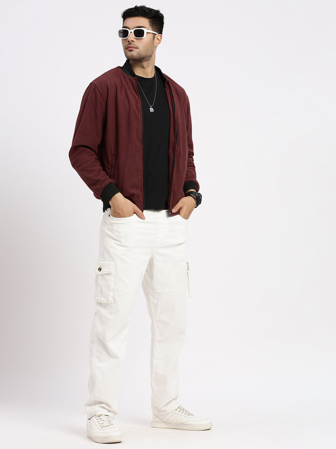 Men Maroon Solid Bomber Jacket