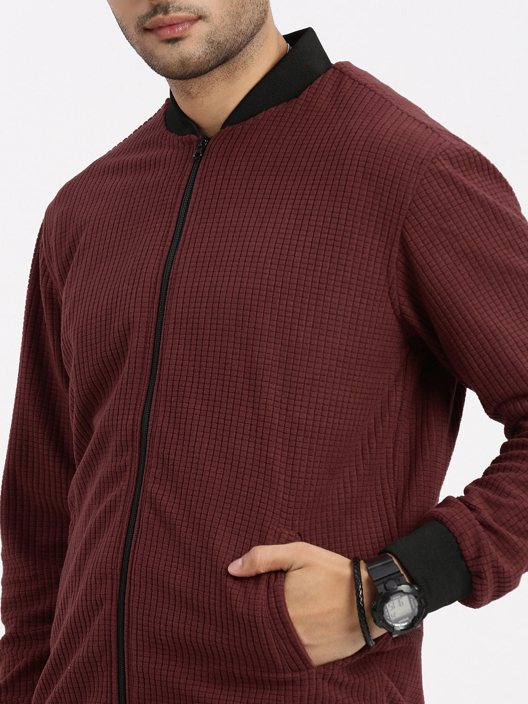 Men Maroon Solid Bomber Jacket