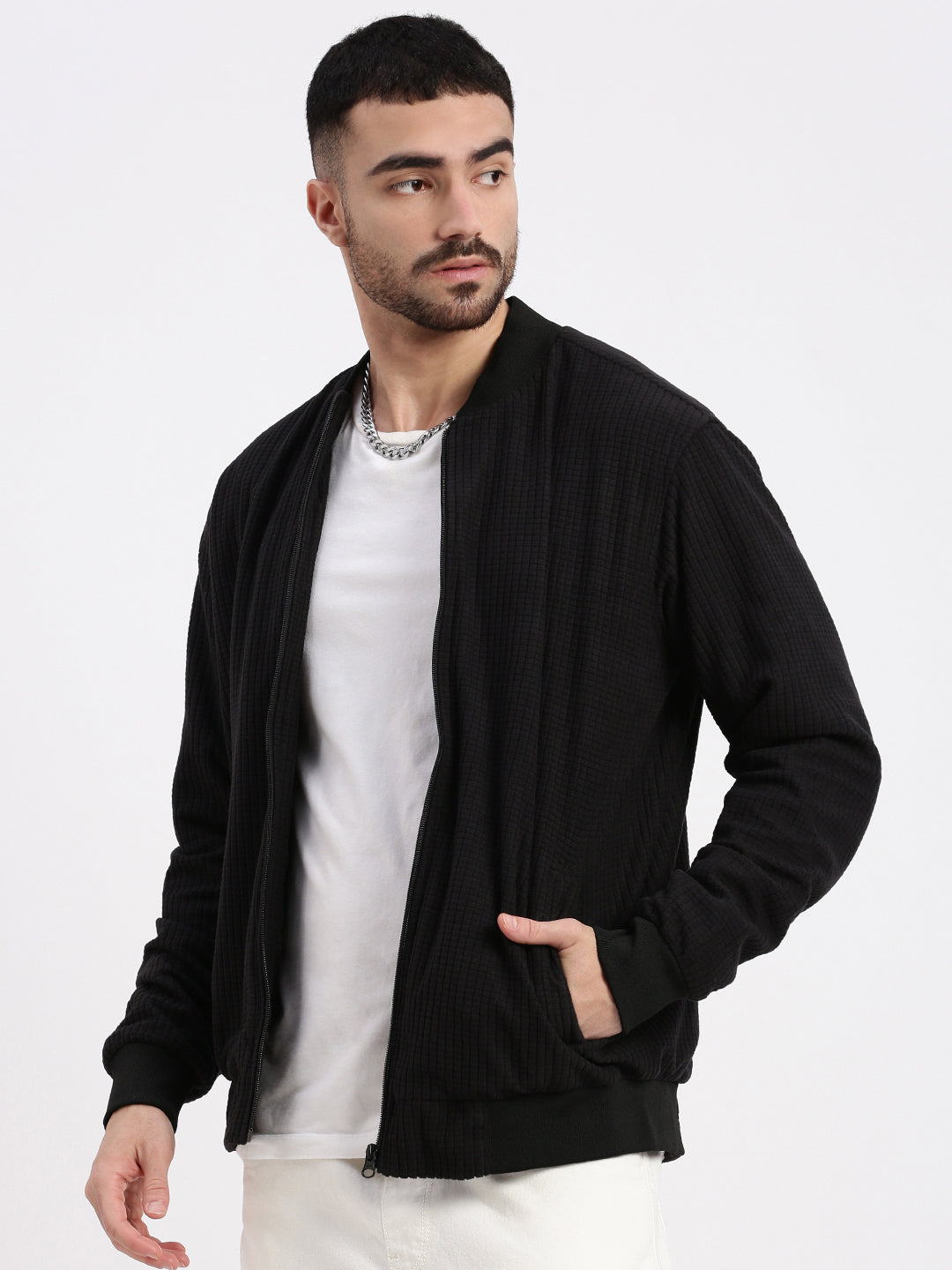 Men Black Solid Bomber Jacket