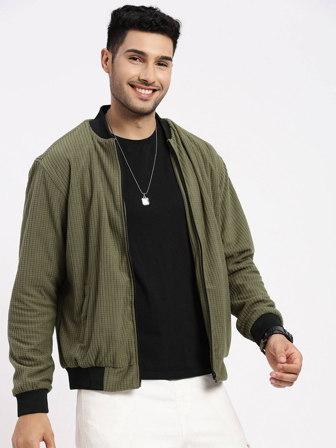 Men Olive Solid Bomber Jacket