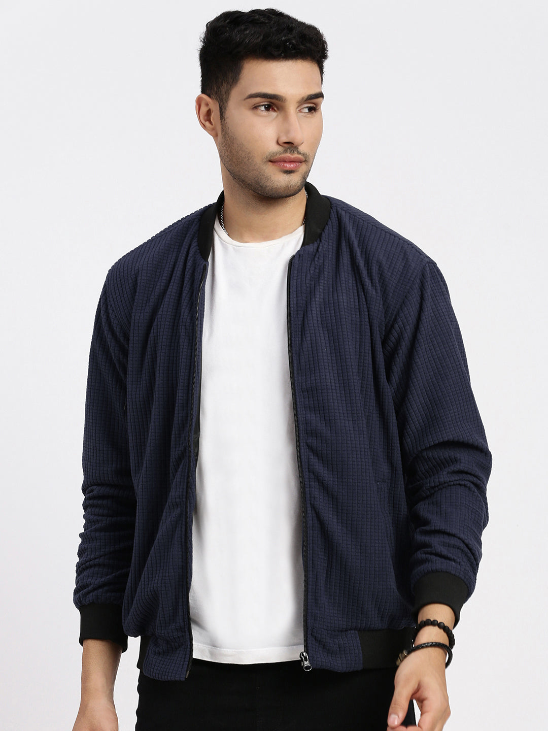 Men Navy Blue Solid Bomber Jacket