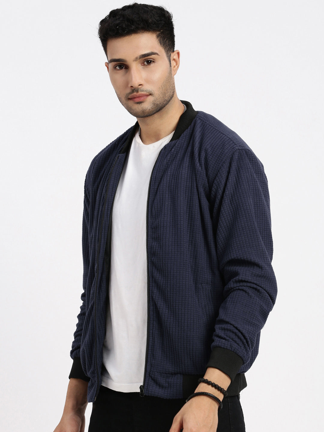 Men Navy Blue Solid Bomber Jacket