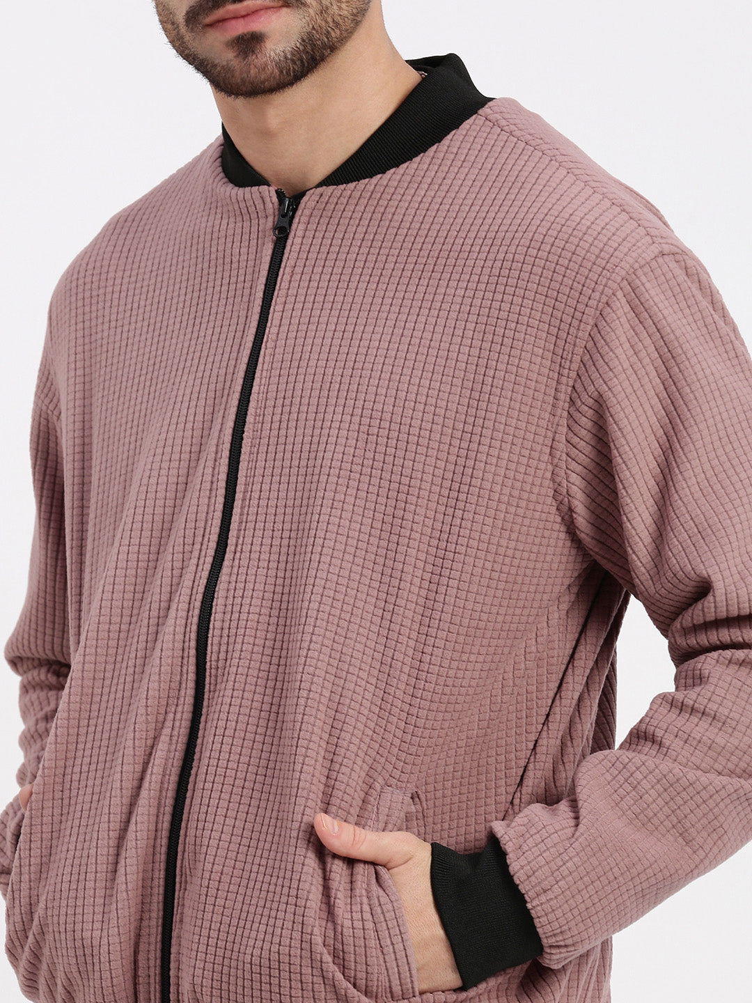 Men Mauve Solid Bomber Jacket