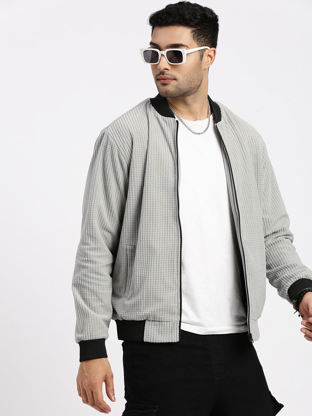 Men Grey Solid Bomber Jacket