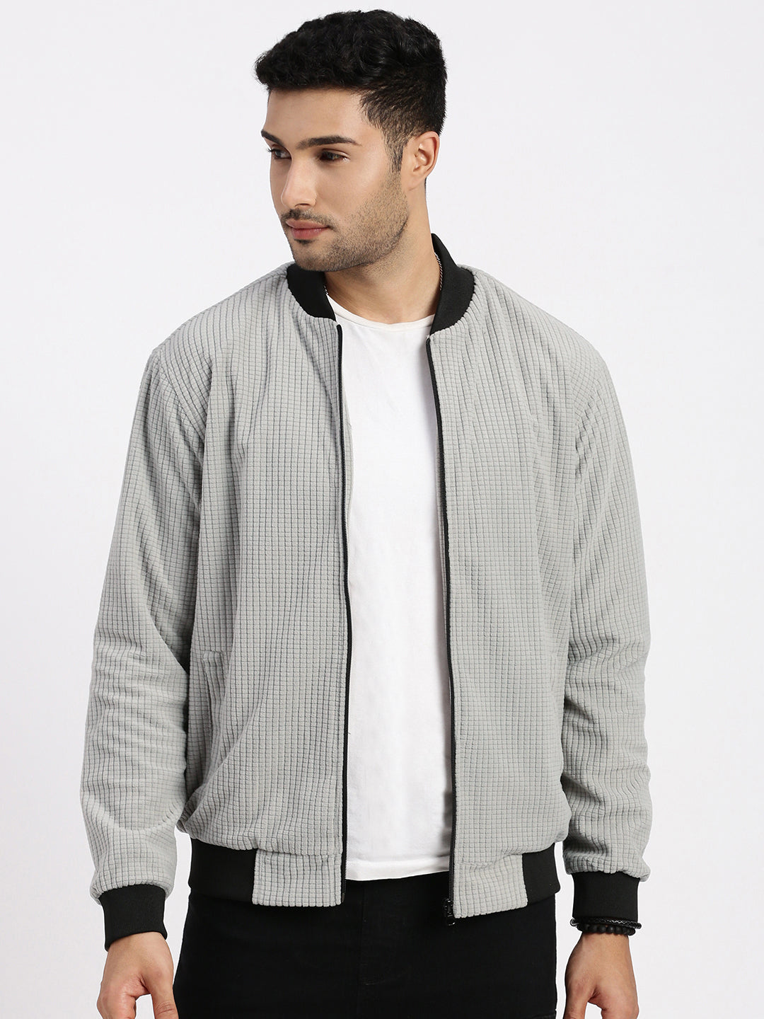 Men Grey Solid Bomber Jacket